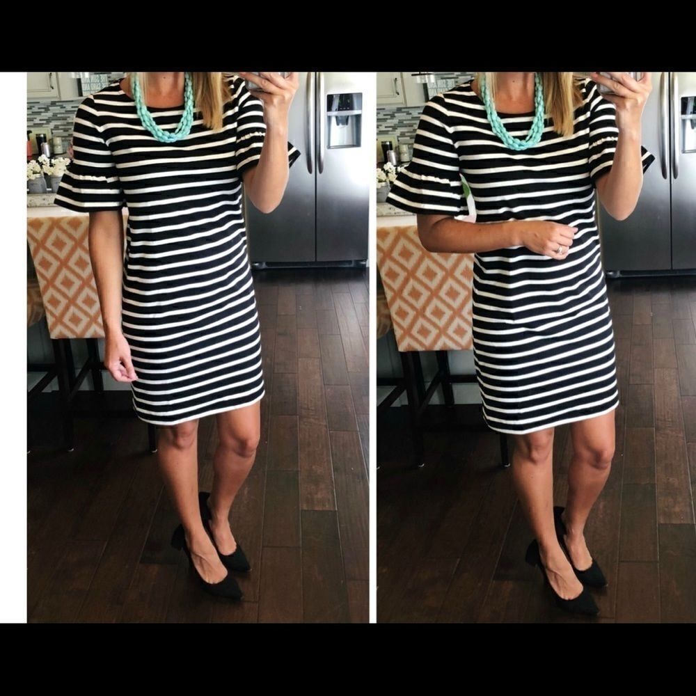 J.Crew  RUFFLED BELL-SLEEVE SHIFT DRESS IN STRIPE - Picture 2 of 5